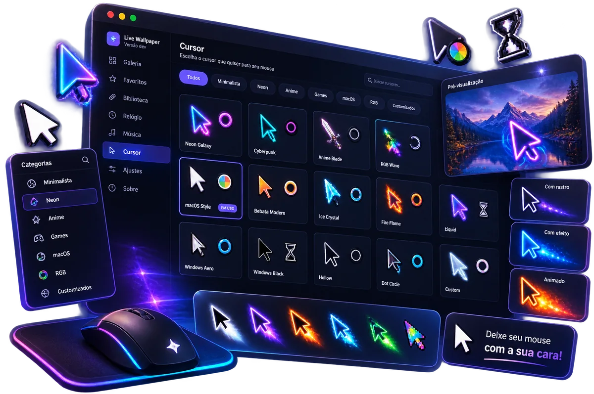 Galeria de cursores do programa, com estilos neon, anime e macOS
