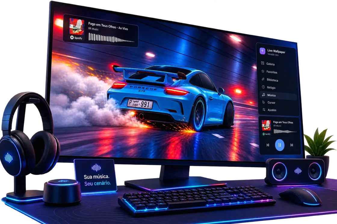 Monitor com a música que está tocando sobre o wallpaper animado, e a aba Música do programa aberta ao lado